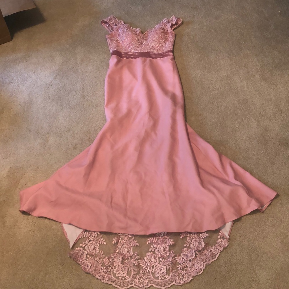 Pink Lace w/ beads train dress off the shoulder